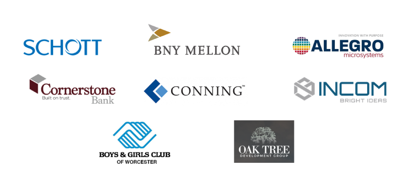 A series of company/organizational logos: first row, from left to right: Schott, BNY Mellon, Allegro Microsystems; second row, from left to right: Cornerstone Bank, Conning,  and Incom; third and last row, from left to right: Boys & Girls Club of Worcester and Oak Tree Development Group