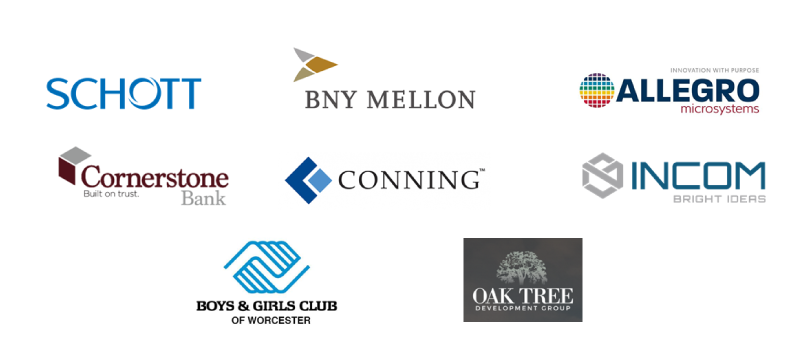 A series of company/organizational logos: first row, from left to right: Schott, BNY Mellon, Allegro Microsystems; second row, from left to right: Cornerstone Bank, Conning, and Incom; third and last row, from left to right: Boys & Girls Club of Worcester and Oak Tree Development Group